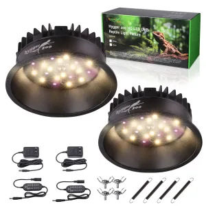 Hygger Zoo HO LED UVB Reptile Light Fixture with accessories, showing two black fixtures, power adapters, mounting hardware,