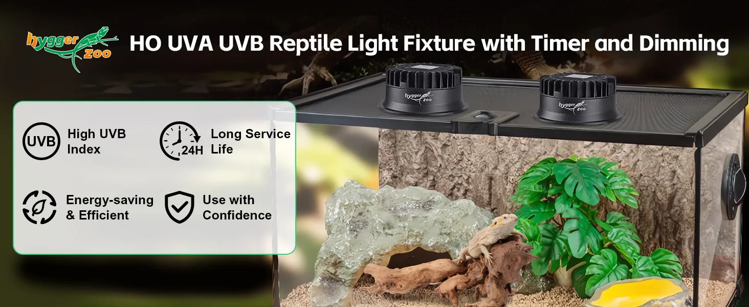 Hygger Zoo HO UVA UVB Reptile Light Fixture with Timer and Dimming for bearded dragons, featuring high UVB index, 24H life, e