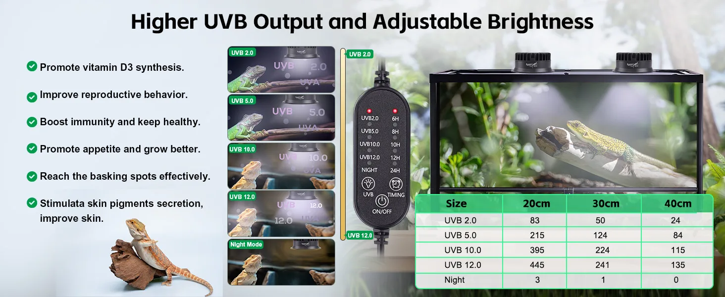UVB 2.0-12.0 adjustable brightness reptile lamp with vitamin D3 synthesis, reproductive behavior improvement, and skin pigmen