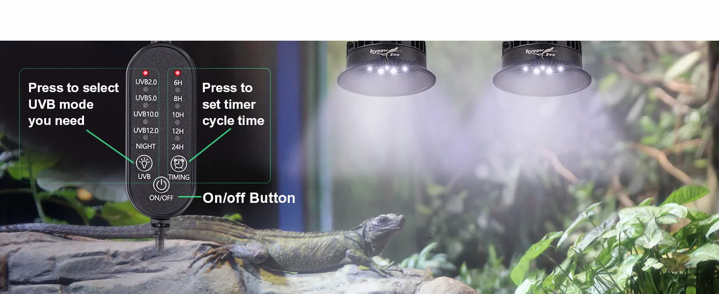 Hygger 400 UVB aquarium light with timer control, adjustable UVB modes for reptile habitat, on/off button, and two lamps over