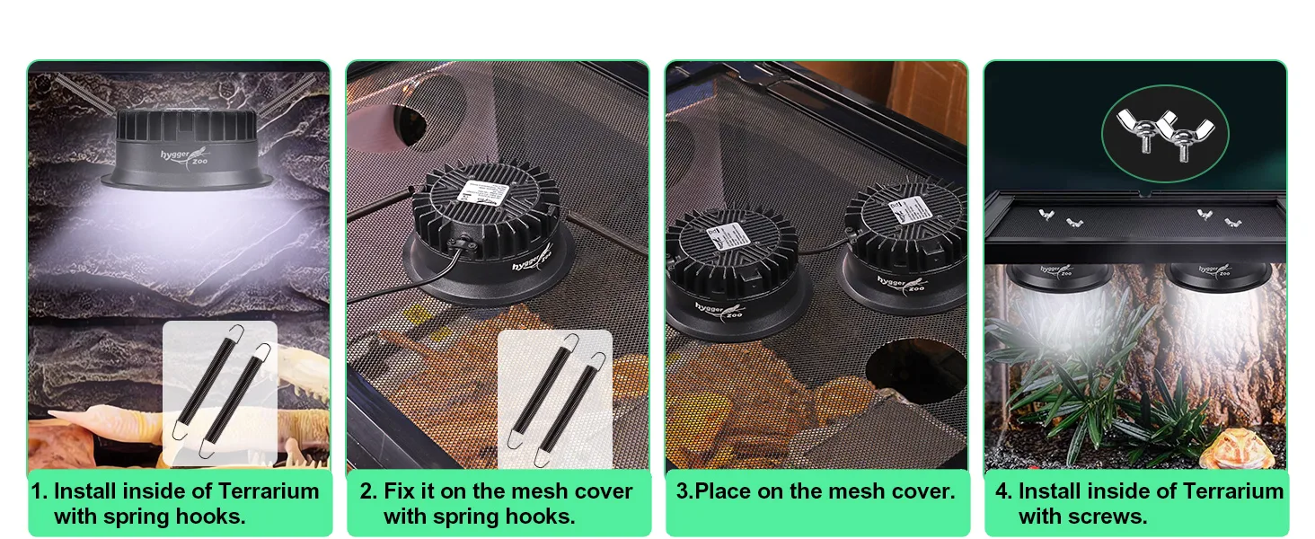 Step-by-step guide for installing hygger aquarium lights inside terrarium using spring hooks and screws. Includes mesh cover