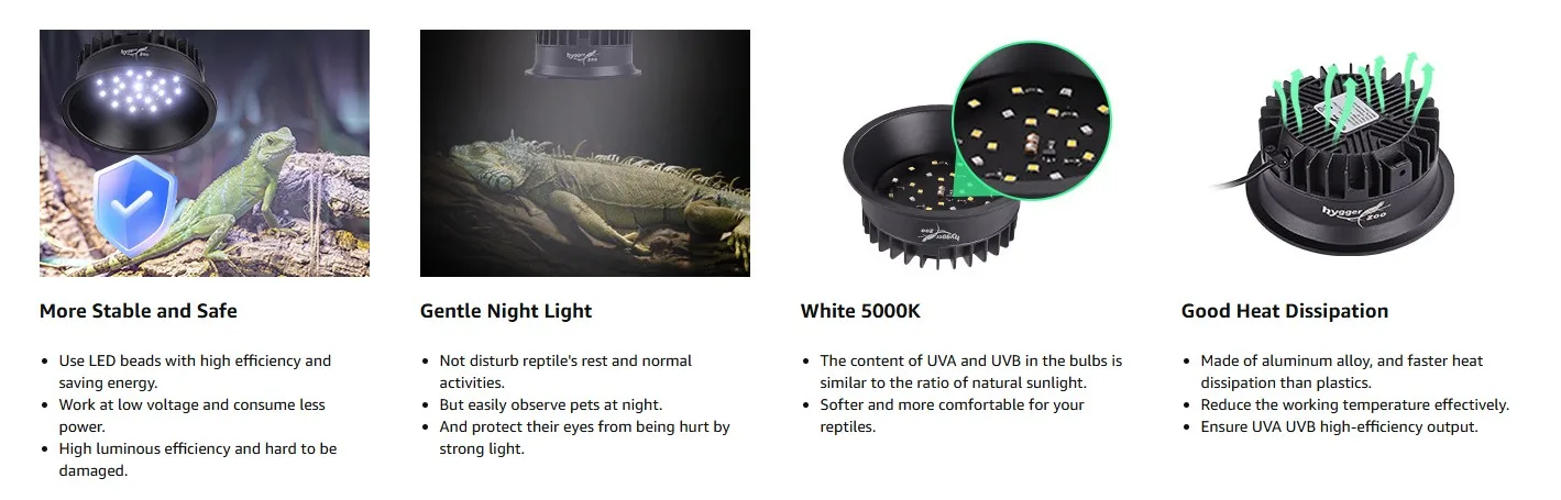 Hygger 5000K LED reptile night light with stable safety, gentle light, and efficient heat dissipation for reptile habitats