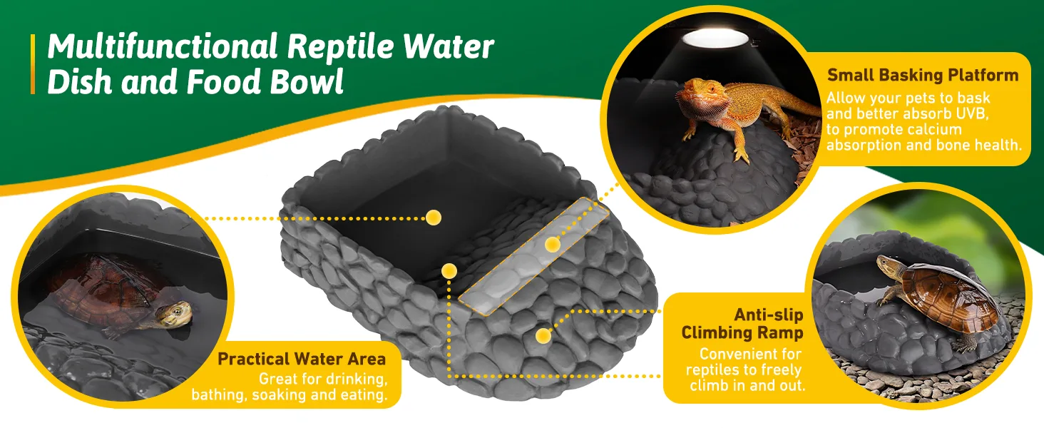 Multifunctional reptile water dish and food bowl with practical water area, anti-slip climbing ramp, and small basking platfo