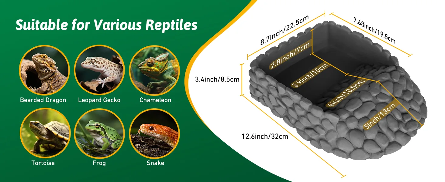 Hygger reptile hideout for bearded dragons, leopard geckos, chameleons, tortoises, frogs, and snakes with dimensions shown.