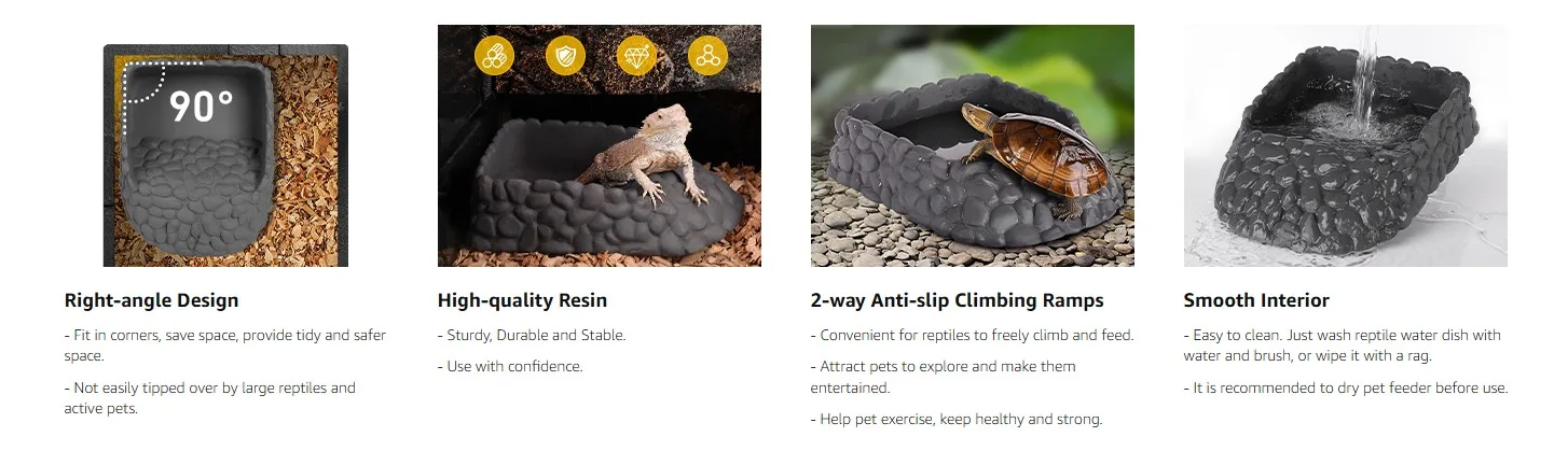Right-angle reptile water dish with 90° design, high-quality resin, anti-slip ramps, and smooth interior for easy cleaning.