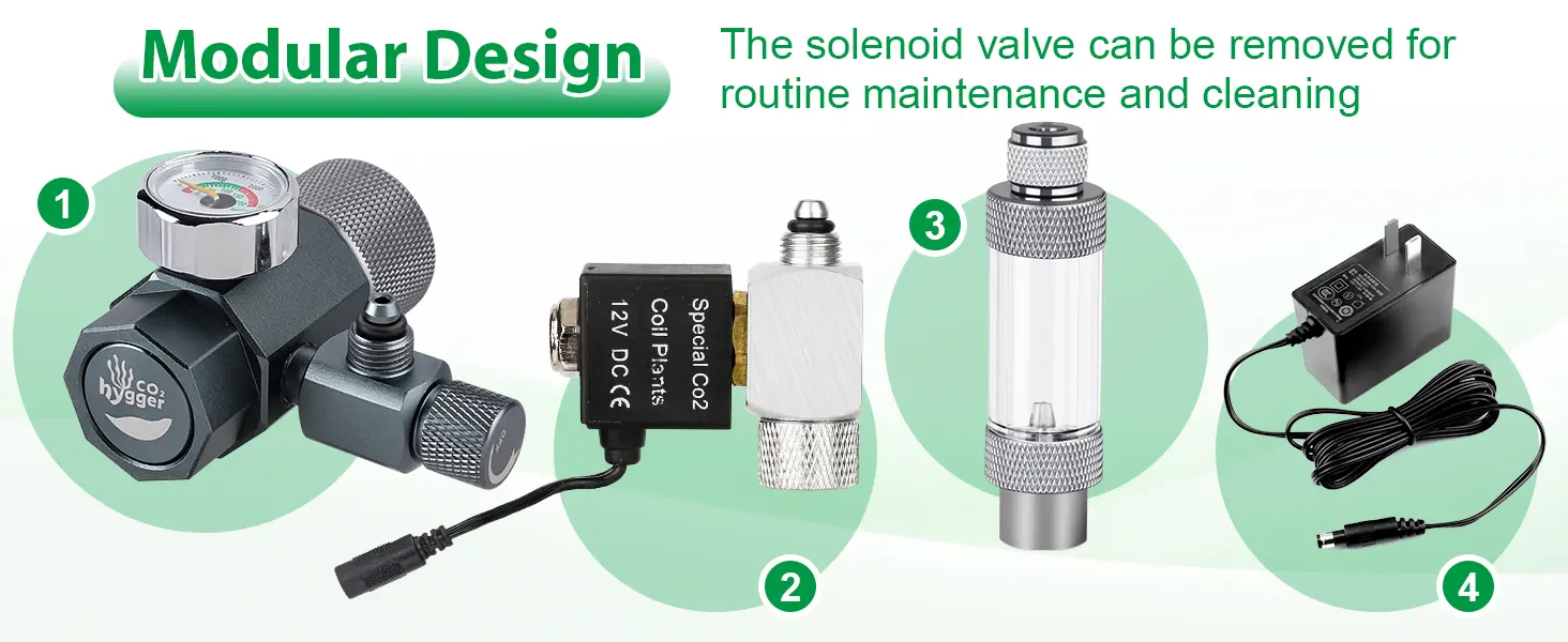 Modular aquarium CO2 system components: regulator, solenoid valve, CO2 cell, and power adapter for easy maintenance