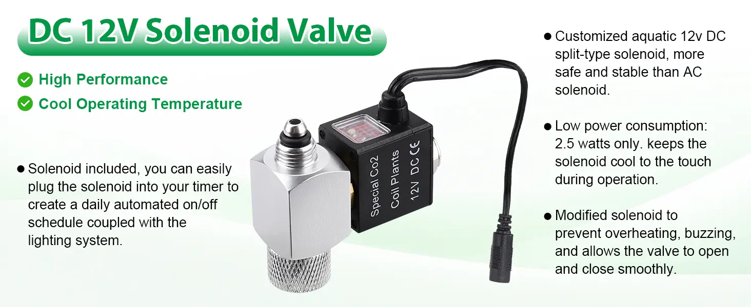 DC 12V Solenoid Valve for aquariums with high performance, cool operating temperature, and low power consumption of 2.5 watts