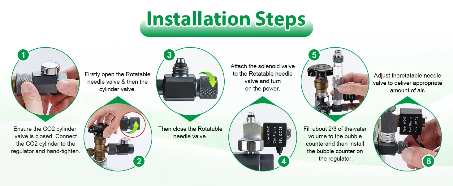 Step-by-step installation guide for Hygger aquarium CO2 system with numbered instructions and close-up images of valves and c