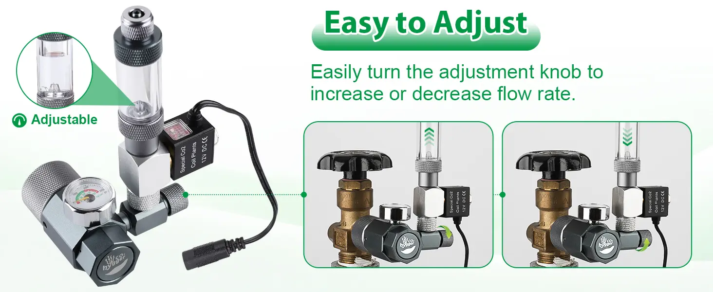Hygger aquarium CO2 regulator with adjustable knob for easy flow rate control, featuring pressure gauge and digital display.