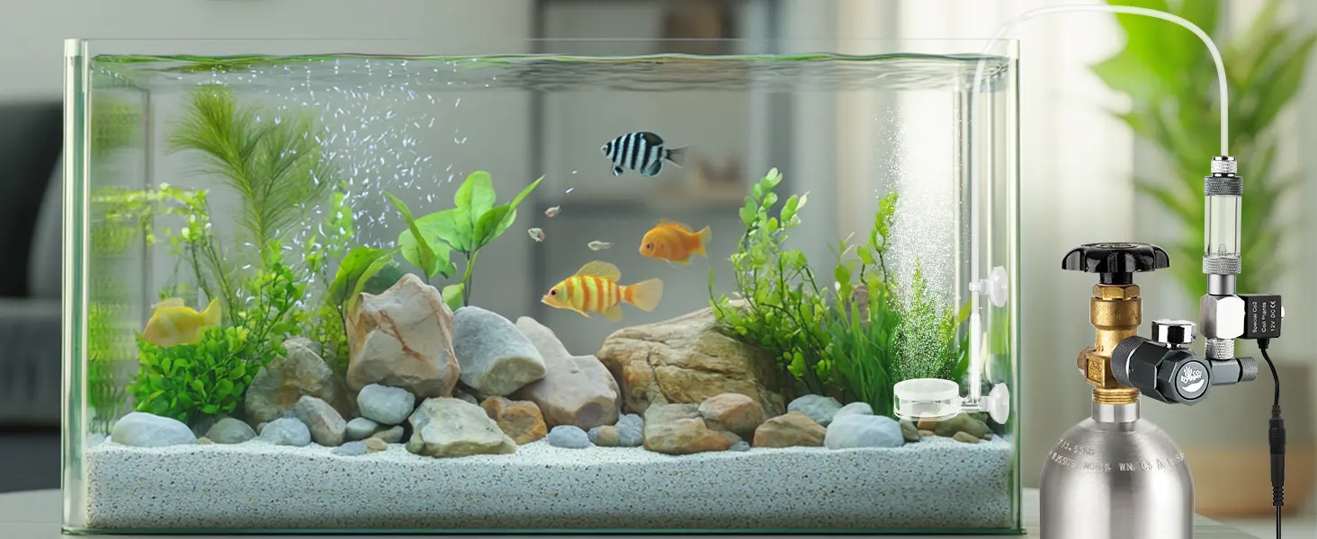 Modern aquarium with colorful fish, live plants, rocks, and air pump system for home decoration