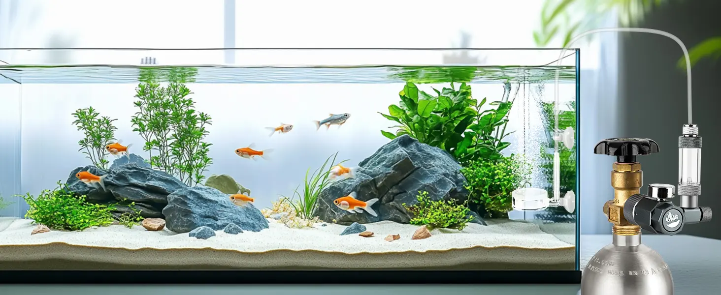 Hygger aquarium with vibrant fish, lush plants, and natural rocks in a modern setup.