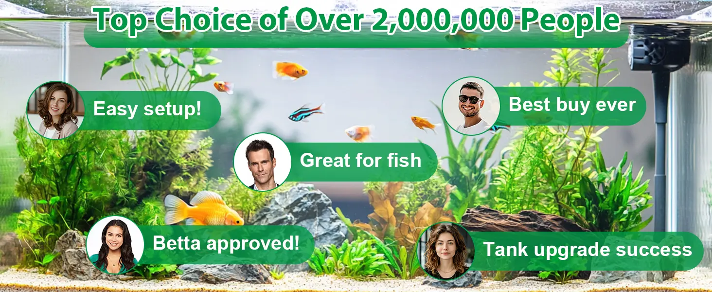 Hygger aquarium with vibrant fish, lush plants, and customer testimonials like 'Easy setup!' and 'Best buy ever' for over 2 m
