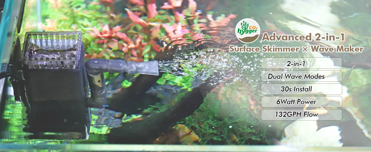 Hygger Advanced 2-in-1 Surface Skimmer & Wave Maker for aquariums with 132GPH flow and 6Watt power