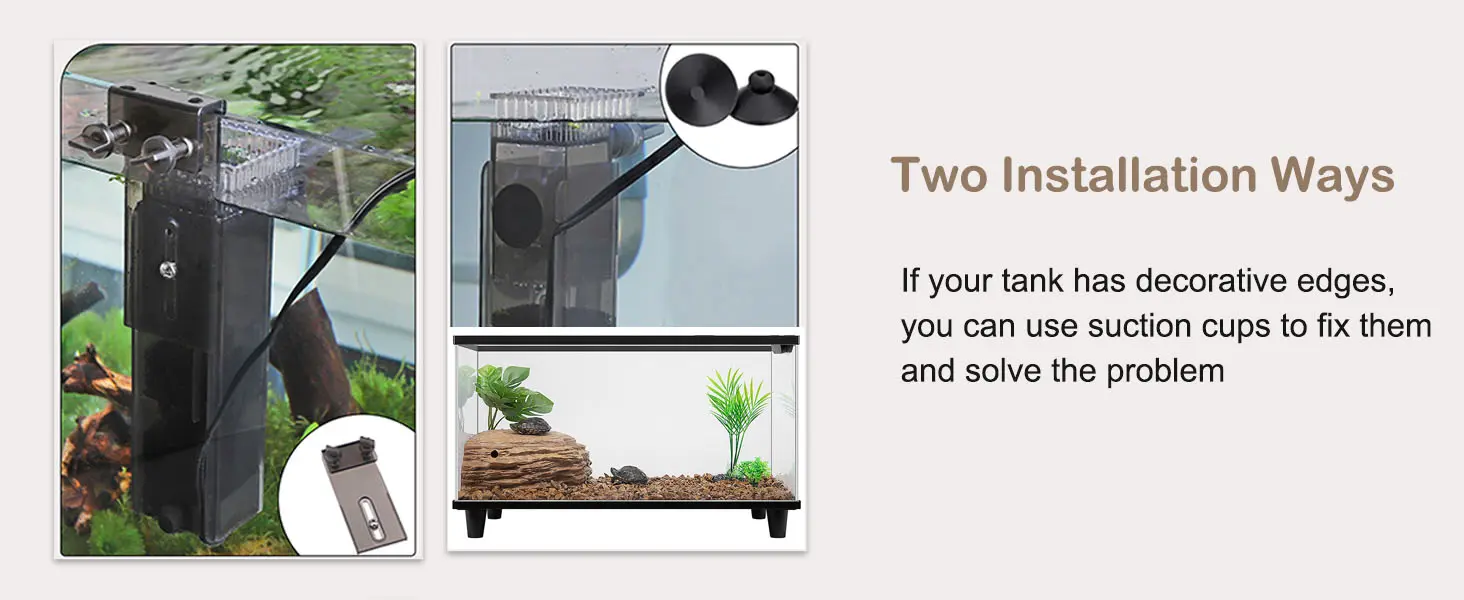 Hygger aquarium filter installation with suction cups for decorative edge tanks