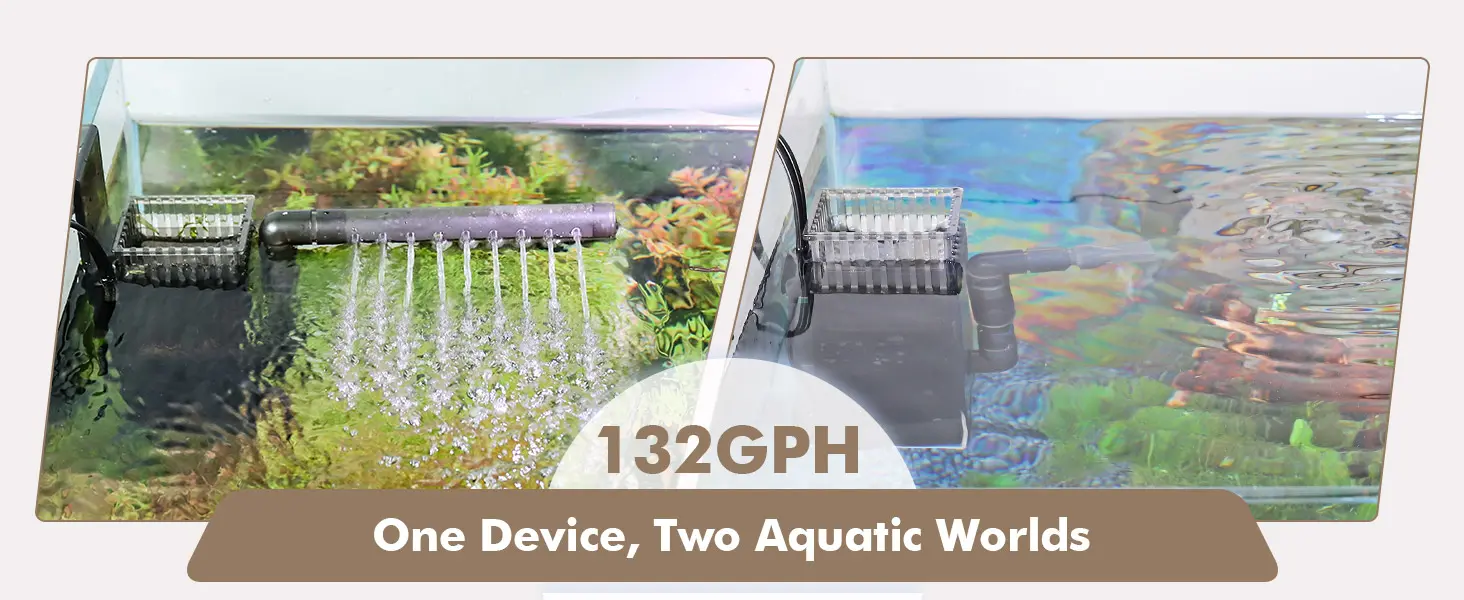 Hygger aquarium device with 132GPH flow rate, creating two distinct aquatic environments in one setup.