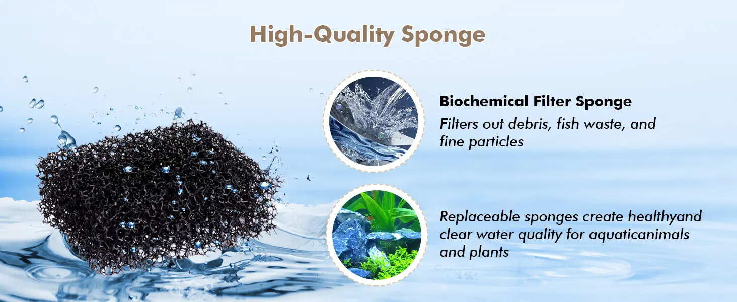High-quality sponge for aquariums, filtering debris, fish waste, and fine particles to maintain clean water for aquatic life.