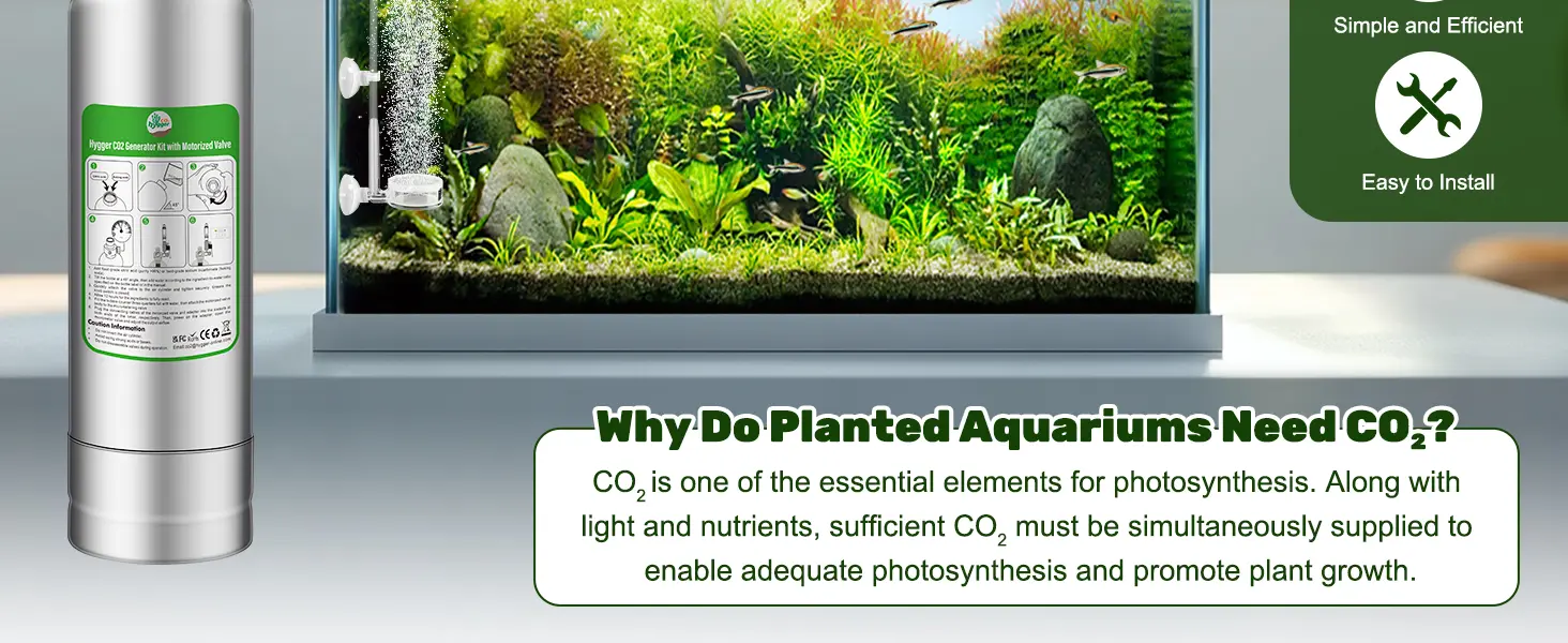 Hygger CO2 Generator Kit for planted aquariums with easy installation guide and thriving aquatic plants