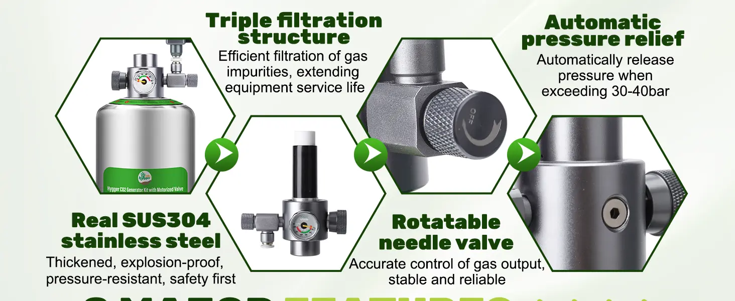 Hygger CO2 Generator Kit with Motorized Valve features triple filtration, real SUS304 stainless steel, rotatable needle valve