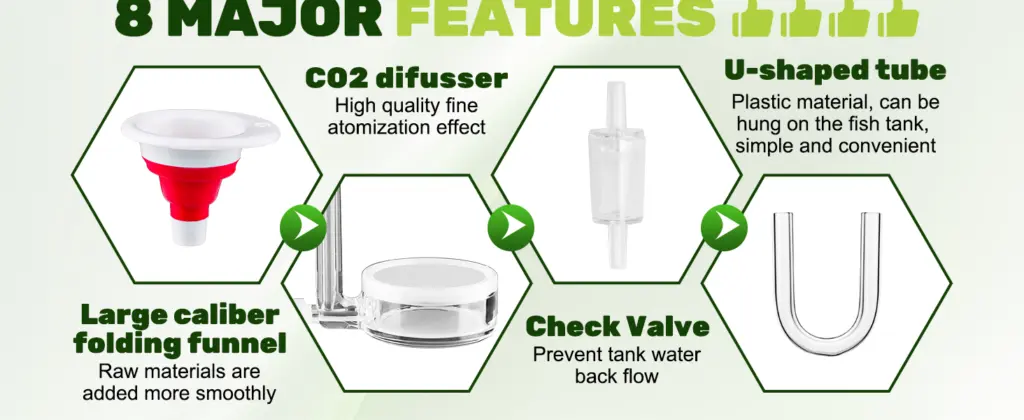 Hygger aquarium features: CO2 diffuser, U-shaped tube, check valve, large caliber funnel. High quality aquarium accessories f