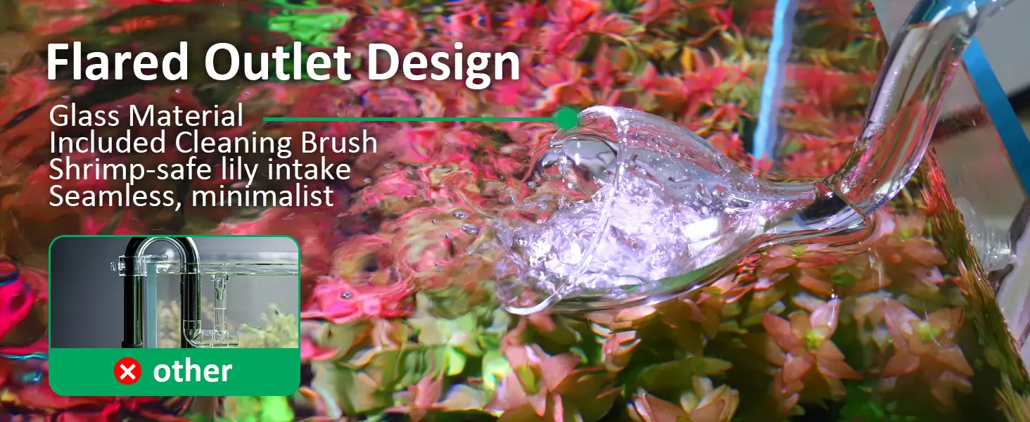 Flared outlet design aquarium filter with glass material, cleaning brush, shrimp-safe lily intake, and seamless minimalist st