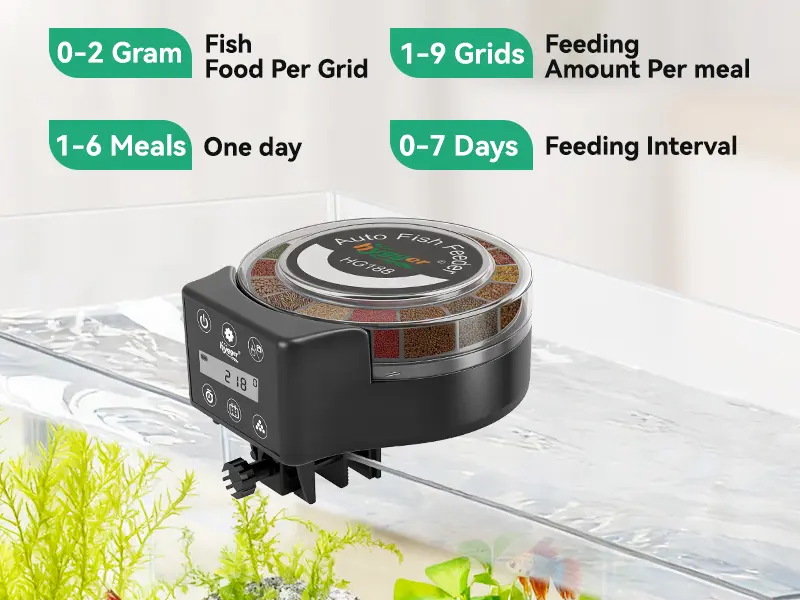 Auto Fish Feeder with adjustable settings for 0-2g food per grid, 1-9 grids per meal, 1-6 meals daily, and 0-7 days feeding i