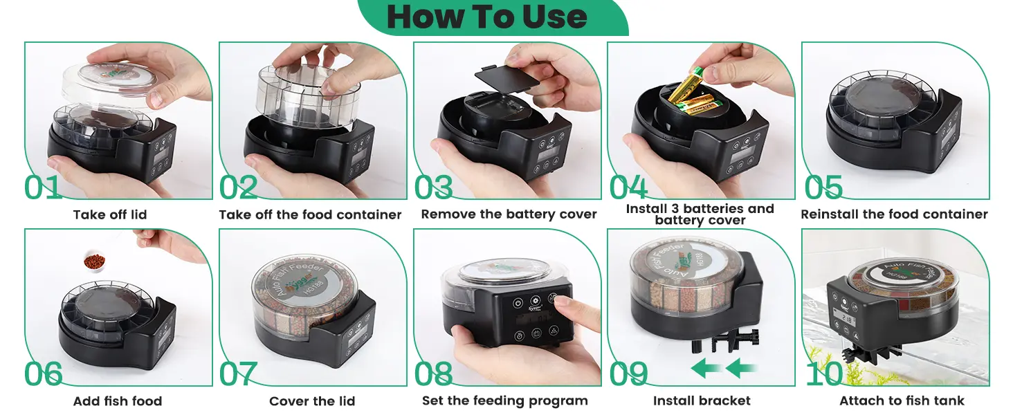 Step-by-step guide for using Hygger aquarium feeder: remove lid, container, batteries, add food, set program, attach to tank
