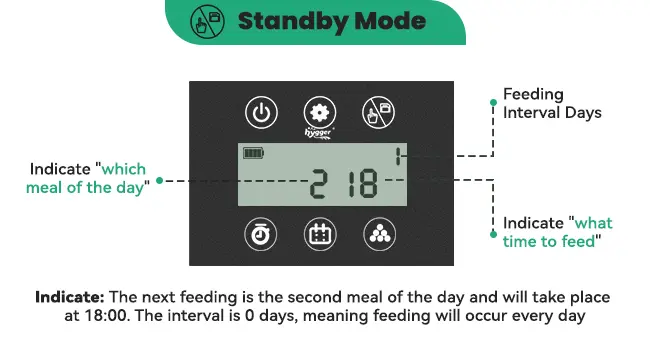 Hygger aquarium feeder display showing standby mode with time settings for feeding intervals and meal indication