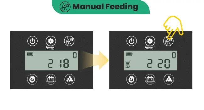 Hygger aquarium manual feeding timer settings showing 2:18 to 2:20 adjustment