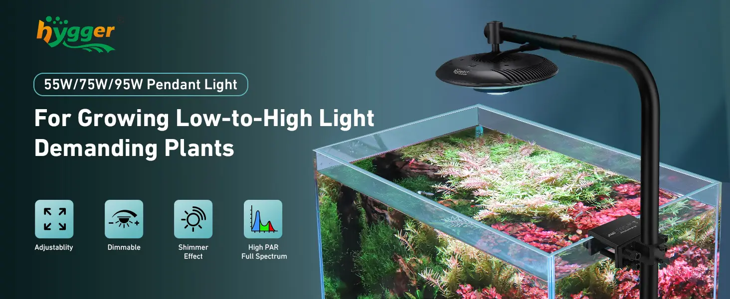 Hygger 55W/75W/95W LED aquarium light for low-to-high light plants with adjustable, dimmable, shimmer effect, and high PAR fu