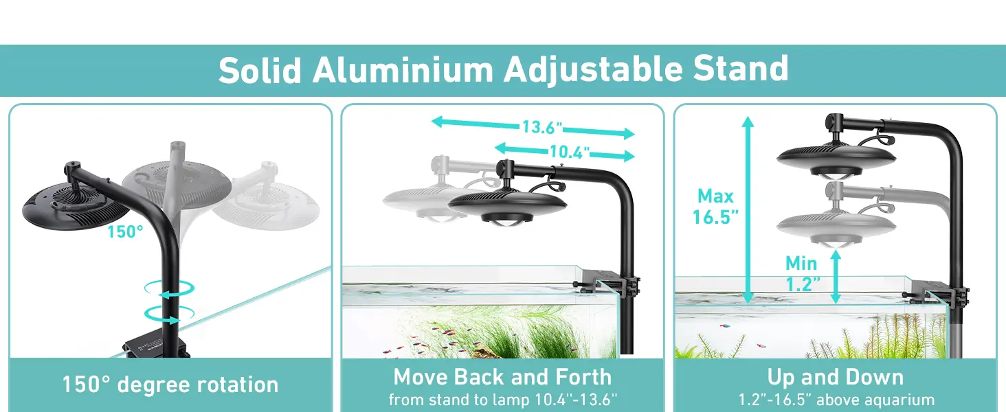 Solid aluminum adjustable stand for aquarium with 150° rotation, 10.4-13.6" back-and-forth movement, and 1.2-16.5" height adj