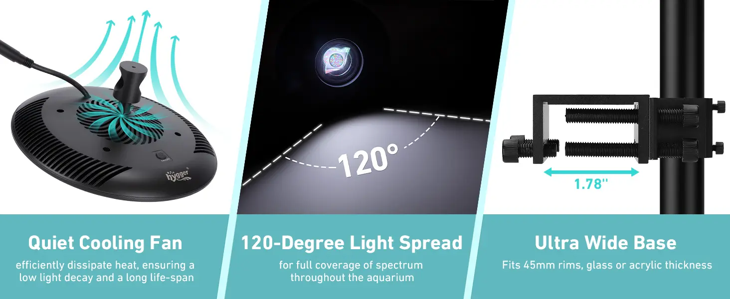 Hygger aquarium LED light with quiet cooling fan, 120-degree light spread, and ultra wide base for 45mm rims