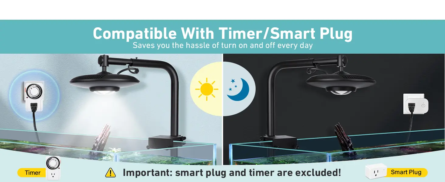 Hygger aquarium lamp compatible with timer and smart plug for automatic lighting control, saving daily hassle.
