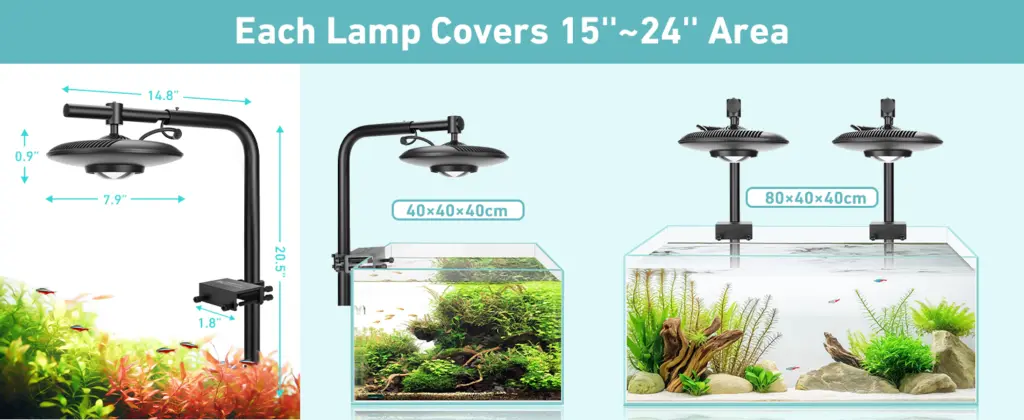 Hygger aquarium LED lamp with adjustable arm, covering 15-24 inch area for 40x40x40cm and 80x40x40cm tanks