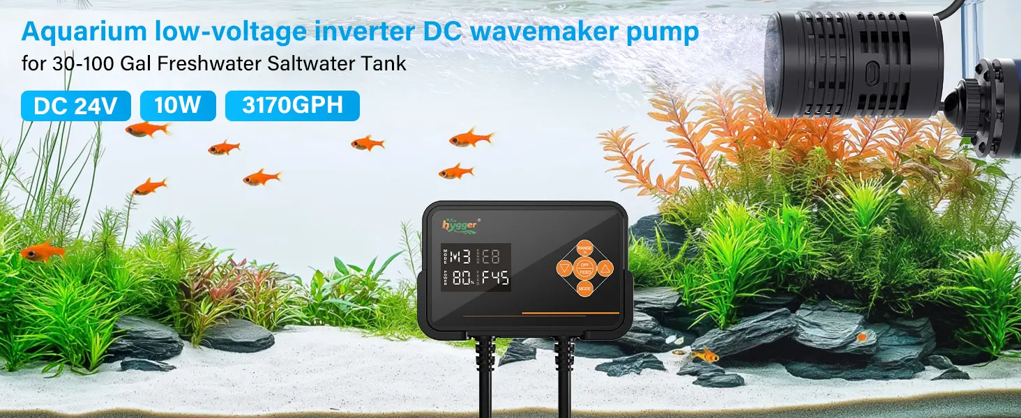 Hygger DC 24V 10W 3170GPH aquarium wavemaker pump for 30-100 Gal freshwater saltwater tanks with digital display