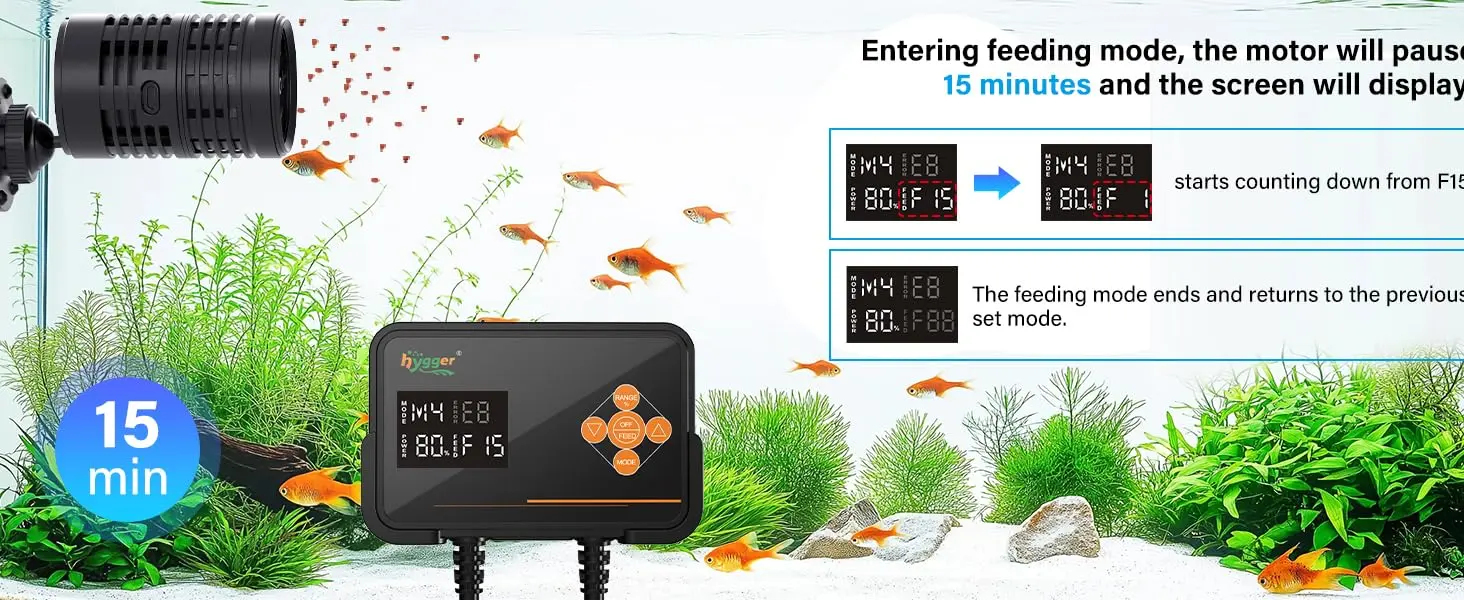 Hygger aquarium feeder with 15-minute feeding mode, displaying timer and temperature control for fish tank automation.