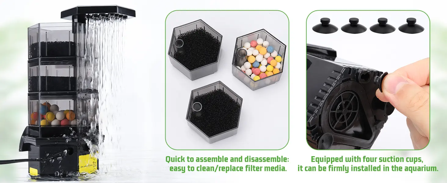 Hygger aquarium filter with adjustable media compartments and suction cups for easy installation and maintenance.
