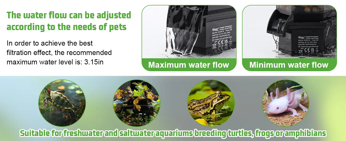 Hygger aquarium filter with adjustable water flow for turtles, frogs, and amphibians in freshwater and saltwater tanks