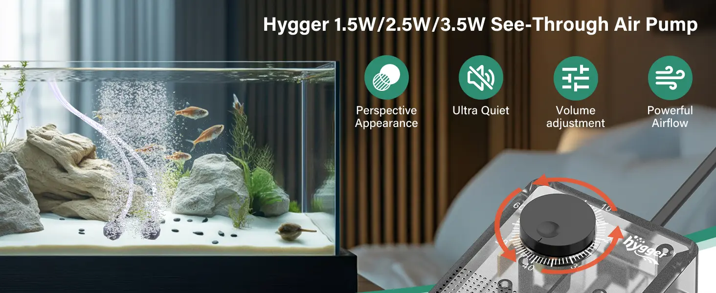 Hygger 1.5W/2.5W/3.5W See-Through Air Pump with Ultra Quiet Operation and Adjustable Volume for Aquariums