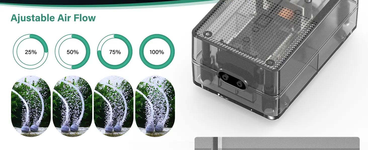 Hygger aquarium air pump with adjustable airflow settings from 25% to 100% for optimal fish tank oxygenation