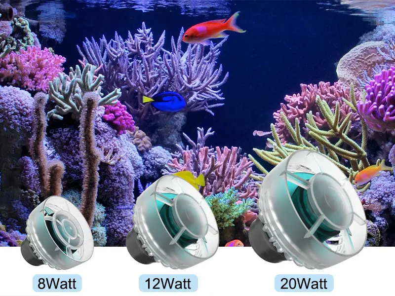 Hygger aquarium water pump options: 8Watt, 12Watt, and 20Watt models displayed against vibrant coral reef background with col