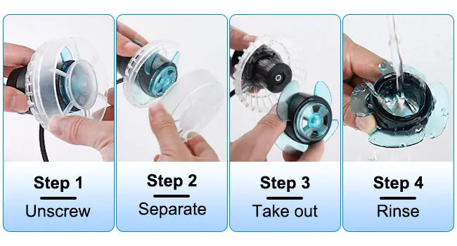 Step-by-step guide to cleaning a hygger aquarium filter: unscrew, separate, take out, and rinse components.