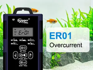 Hygger aquarium controller displaying ER01 Overcurrent error with fish tank background