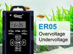 Hygger ER05 aquarium controller with overvoltage and undervoltage protection, digital display, and fish tank setup