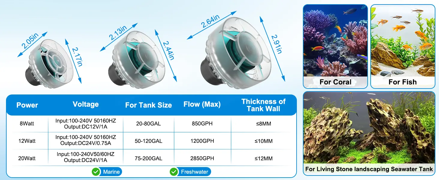 Hygger aquarium pumps with dimensions, power specs, and tank compatibility for coral, fish, and living stone landscaping seaw