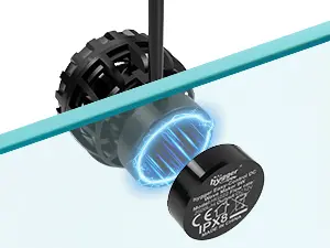 Hygger aquarium water pump with blue LED lighting and black motor housing, showing water flow through transparent tube