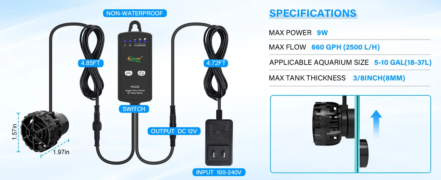 Hygger HG222 DC 12V aquarium pump with 660 GPH flow rate, 9W max power, and 5-10 gal tank compatibility. Non-waterproof desig