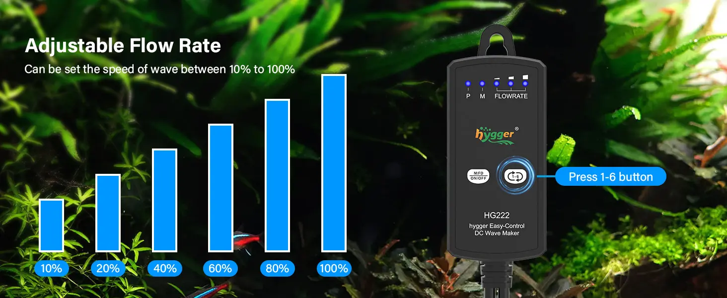 Hygger HG222 DC Wave Maker with adjustable flow rate from 10% to 100% for aquariums