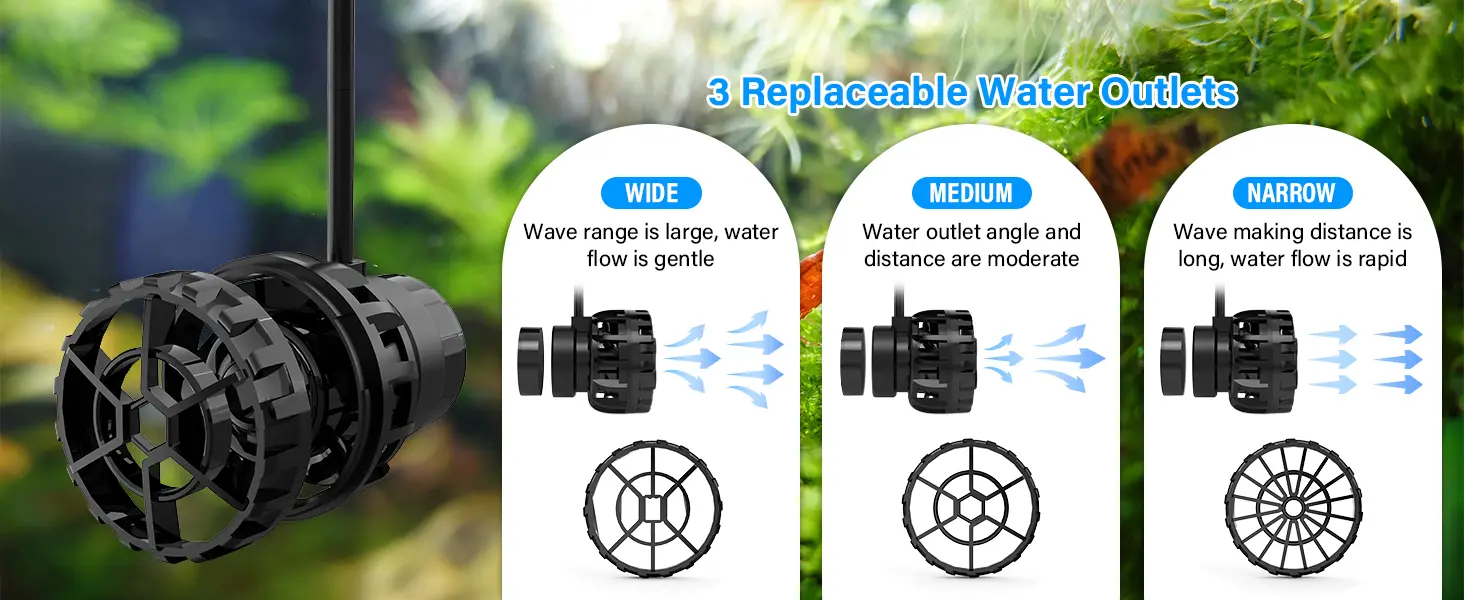 Hygger aquarium water pump with 3 replaceable outlets: wide, medium, narrow for gentle to rapid water flow in fish tanks