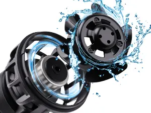 Hygger aquarium water pump with blue water splashes, showing efficient filtration and circulation for aquarium maintenance.