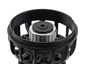Close-up of a black and silver aquarium air pump with a circular design and multiple vents for efficient oxygenation.
